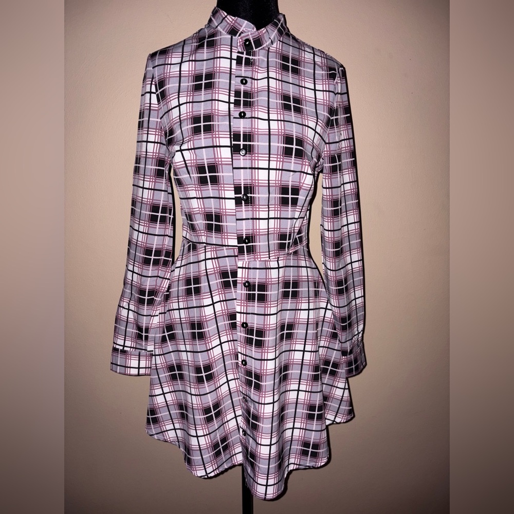 Purple Plaid High Low Button down Long Sleeve Shirt Dress - Picture 1 of 6